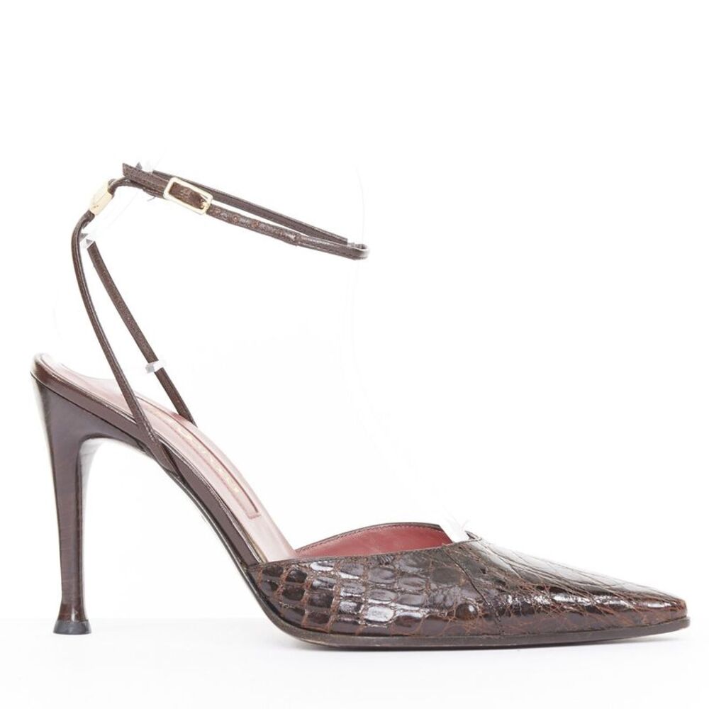 Sergio Rossi Brown Croc Embossed Leather Ankle Strap Pumps